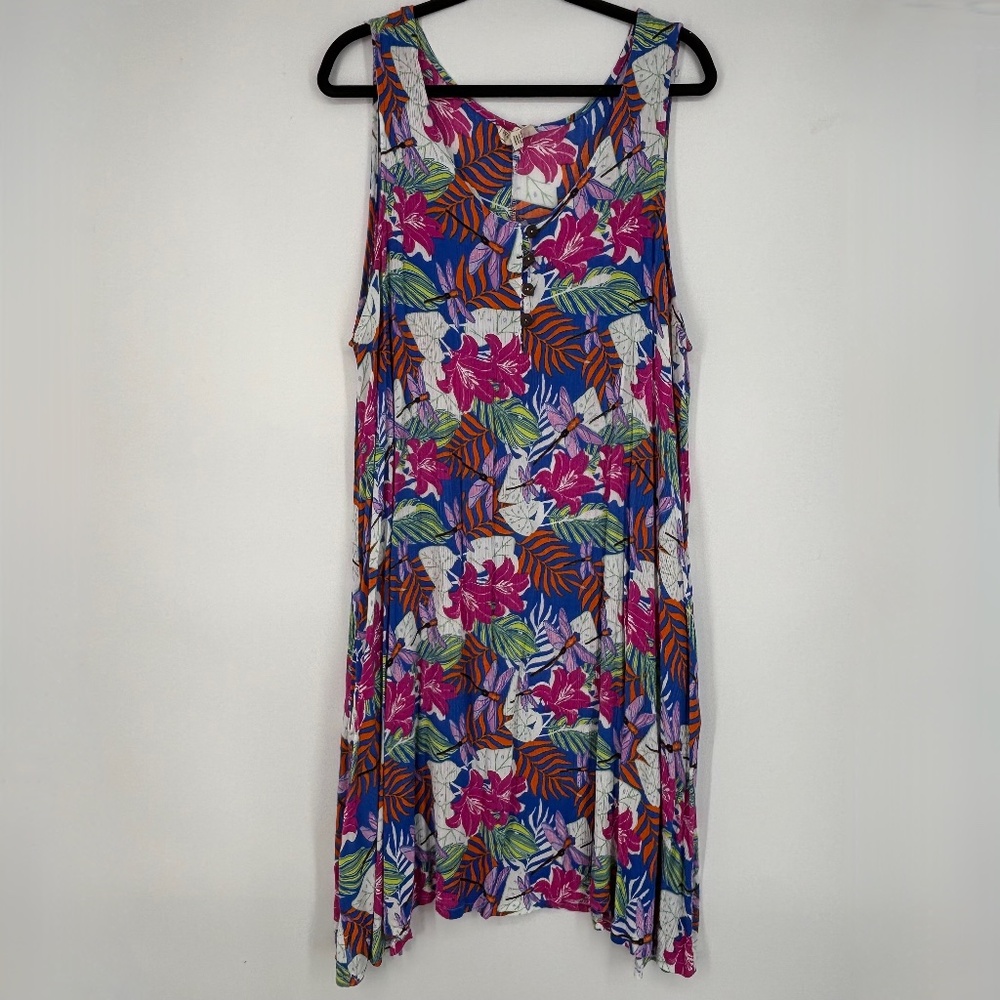 Water Lily Womens 2X Sleeveless Midi Dress 100% Rayon Crinkle Gauze Multi Floral